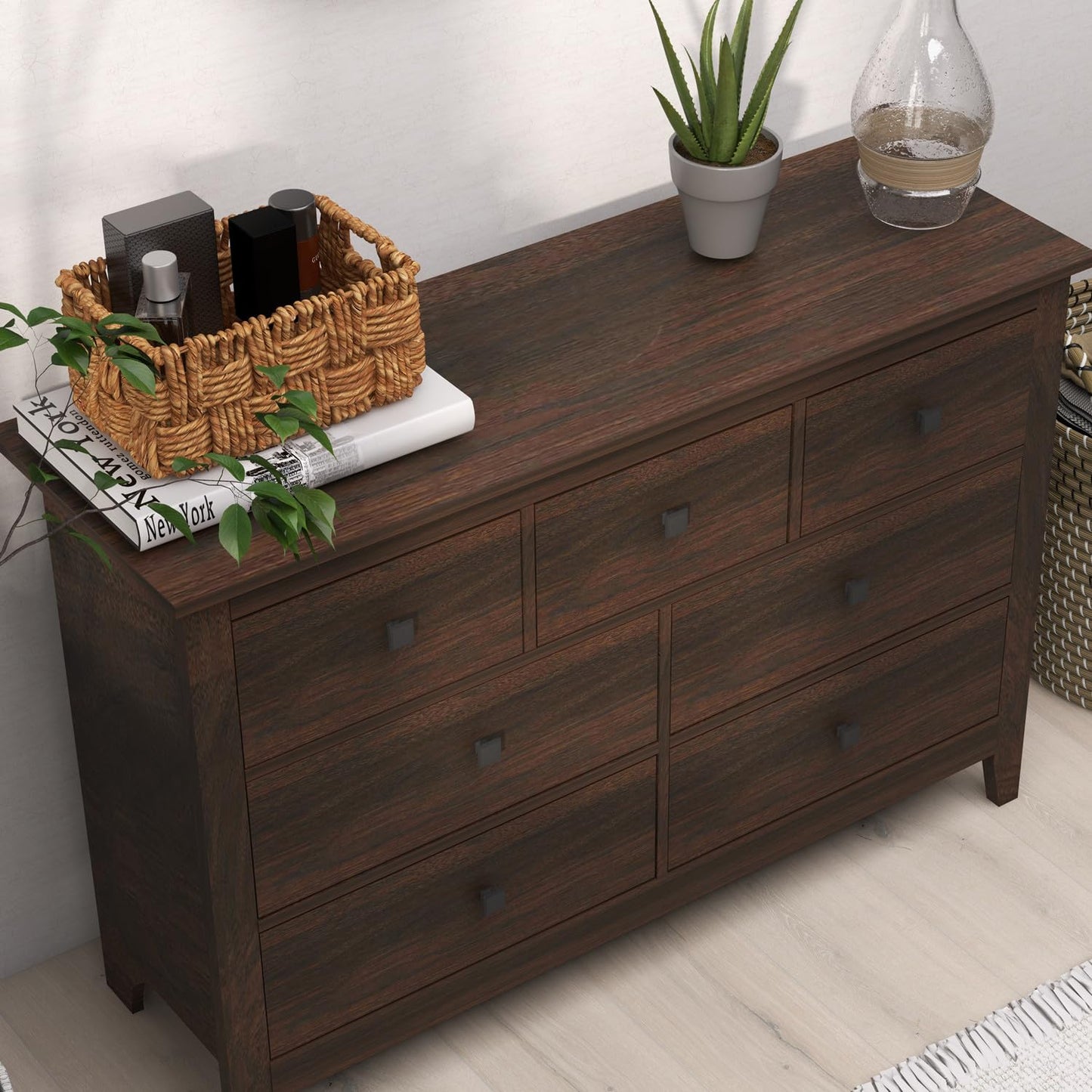 Vikiullf Dresser and Nightstand Set - 3 Pieces Bedroom Set with 7 Drawer Dresser and 2 Drawer Nightstands, Wooden Dresser and Nightstands for Bedroom, Brwon Wood Grain