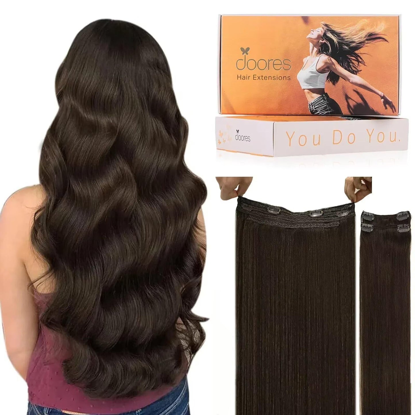 DOORES Wire Hair Extensions, Light Dark Brown 14 Inch 75g Fish Line Weft Extensions and 2pcs 30g Clip ins, 105g Invisible Wire R