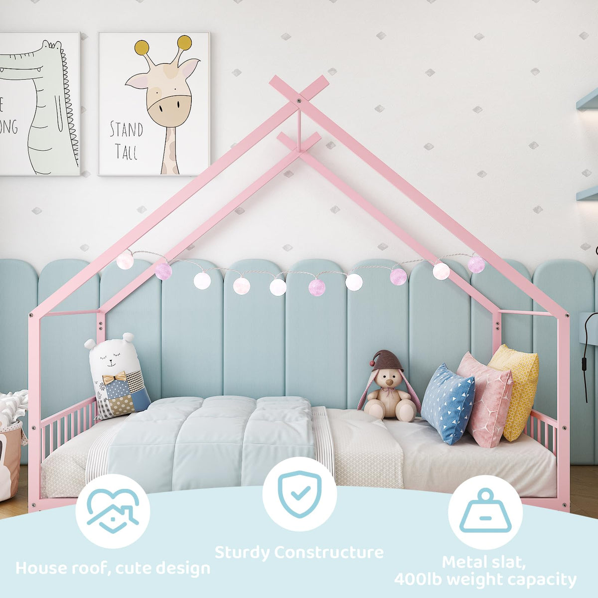 Karl home Twin Size Toddler Floor Bed, Metal Montessori Bed with Slats & Fence, Roof/House/Canopy Bed Frame for Girls, Boys, No Box Spring Needed, Pink