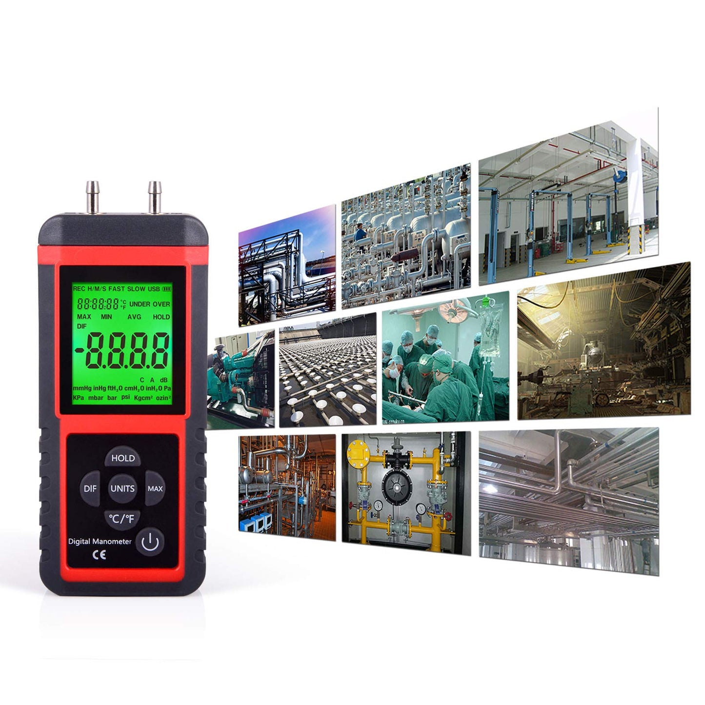 EHDIS Manometer, Professional Air Pressure Meter, Dual-Port HVAC Digital Manometers Gas Pressure Tester Differential Gauge