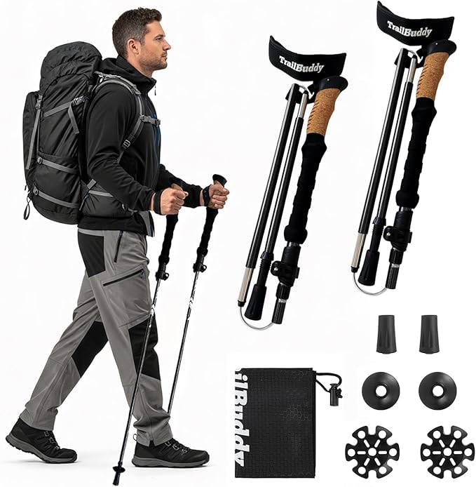 TrailBuddy Foldable Trekking Poles – Ultralight 7075 Aluminum, EVA & Cork Grip Collapsible Hiking Poles – Lightweight Adju...