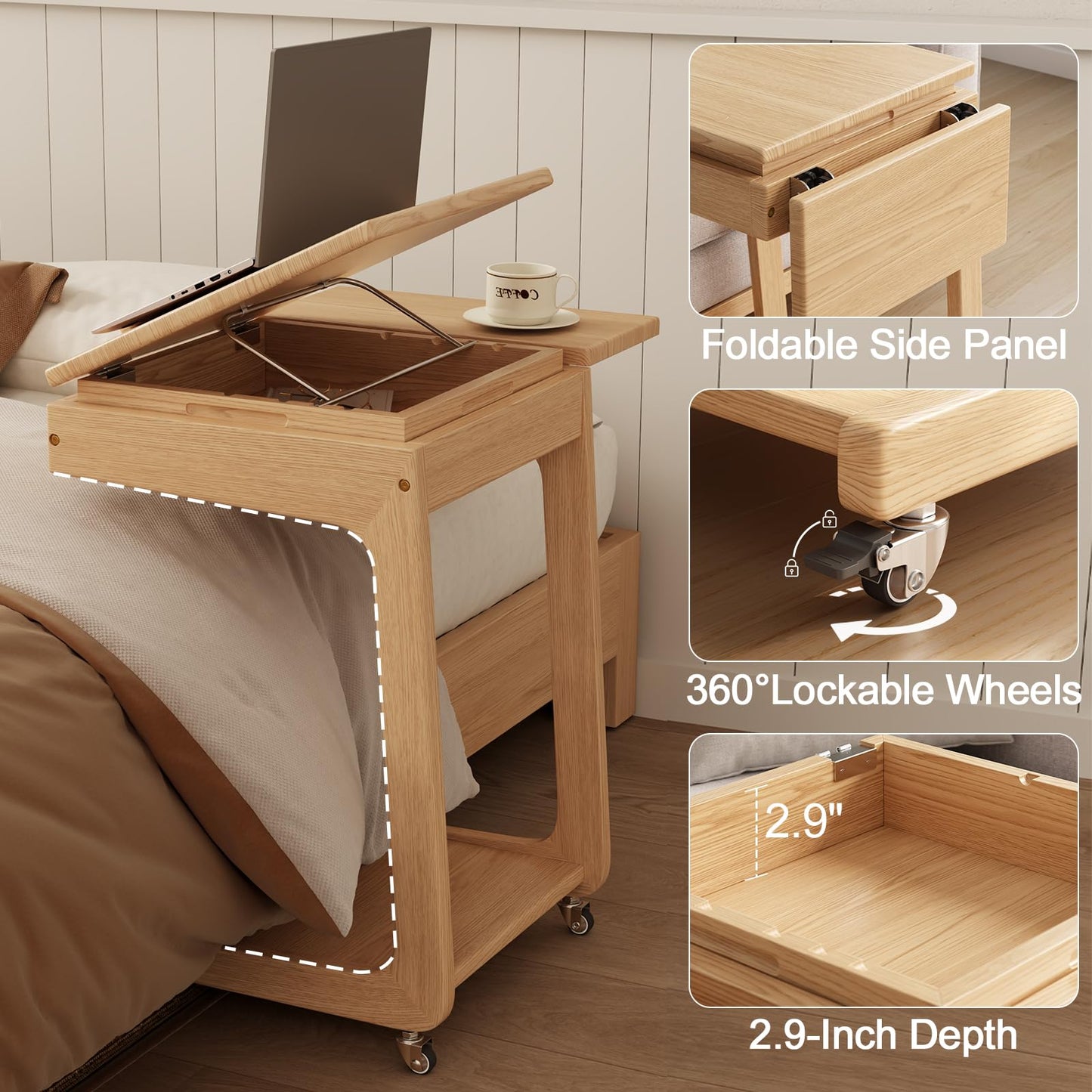 Solid Wood C Shaped End Table for Couch,Rolling C Table with Wheels,Small Side Table with Adjustable Desktop,Couch Desk with Storage,Rolling Tv Tray with Folding Shelf,Modern Bedside Table(Natural)