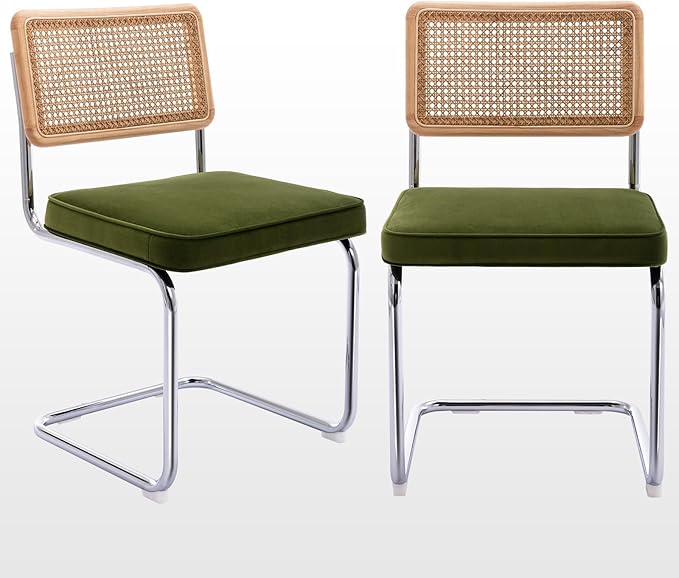 Zesthouse Natural Rattan Dining Chairs Set of 2, Olive Green Modern Kitchen Chairs with Solid Wood Back & Chrome Base, Mid...