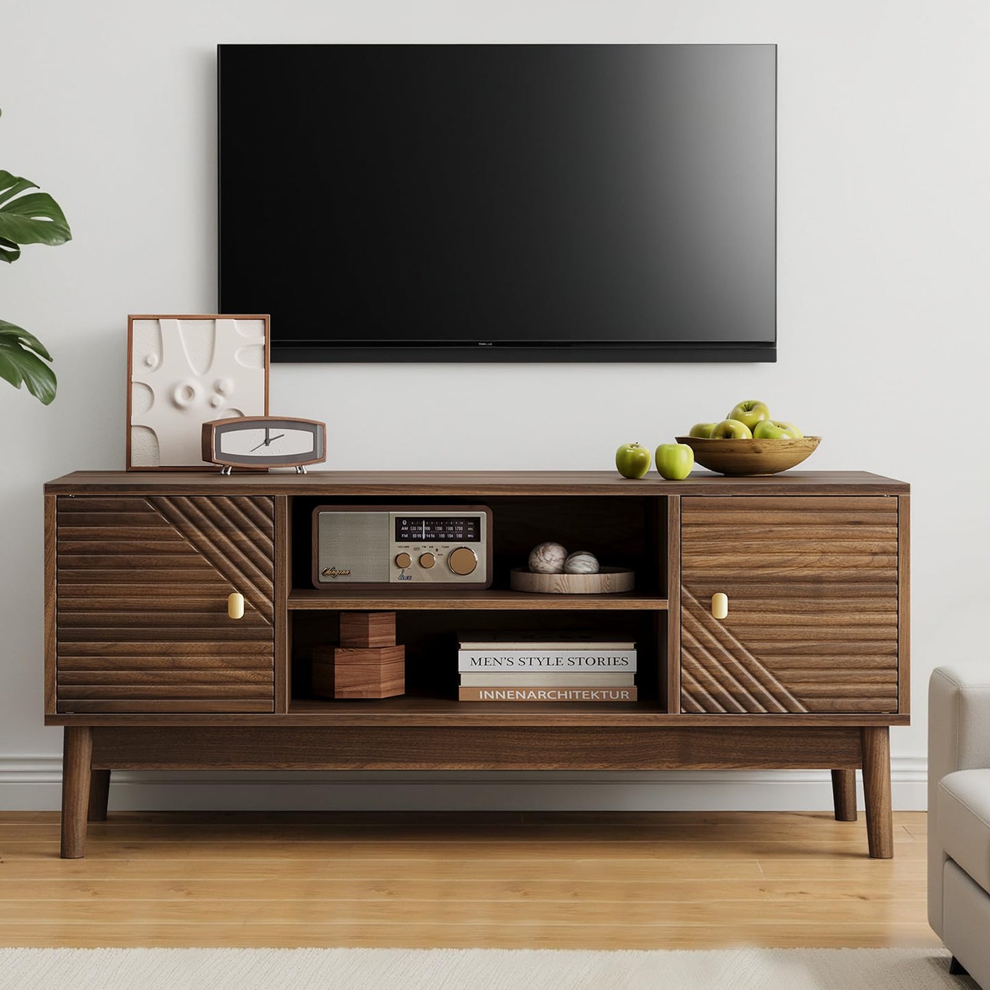 Kiasthome Walnut Mid-Century Modern TV Stand Wood Television Stand for TVs up to 45" Media Console with Storage for Living Room