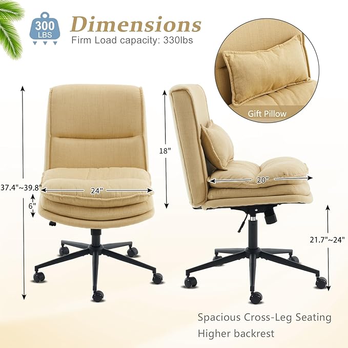 VINGLI Cloud Criss Cross Legged Chair,18" High Back Armless Home Office Desk Chair with Wheels,Wide Adjustable Comfy Padded Seat Task Computer Chair,Modern Swivel Makeup Vanity Chair,Fabric,Yellow
