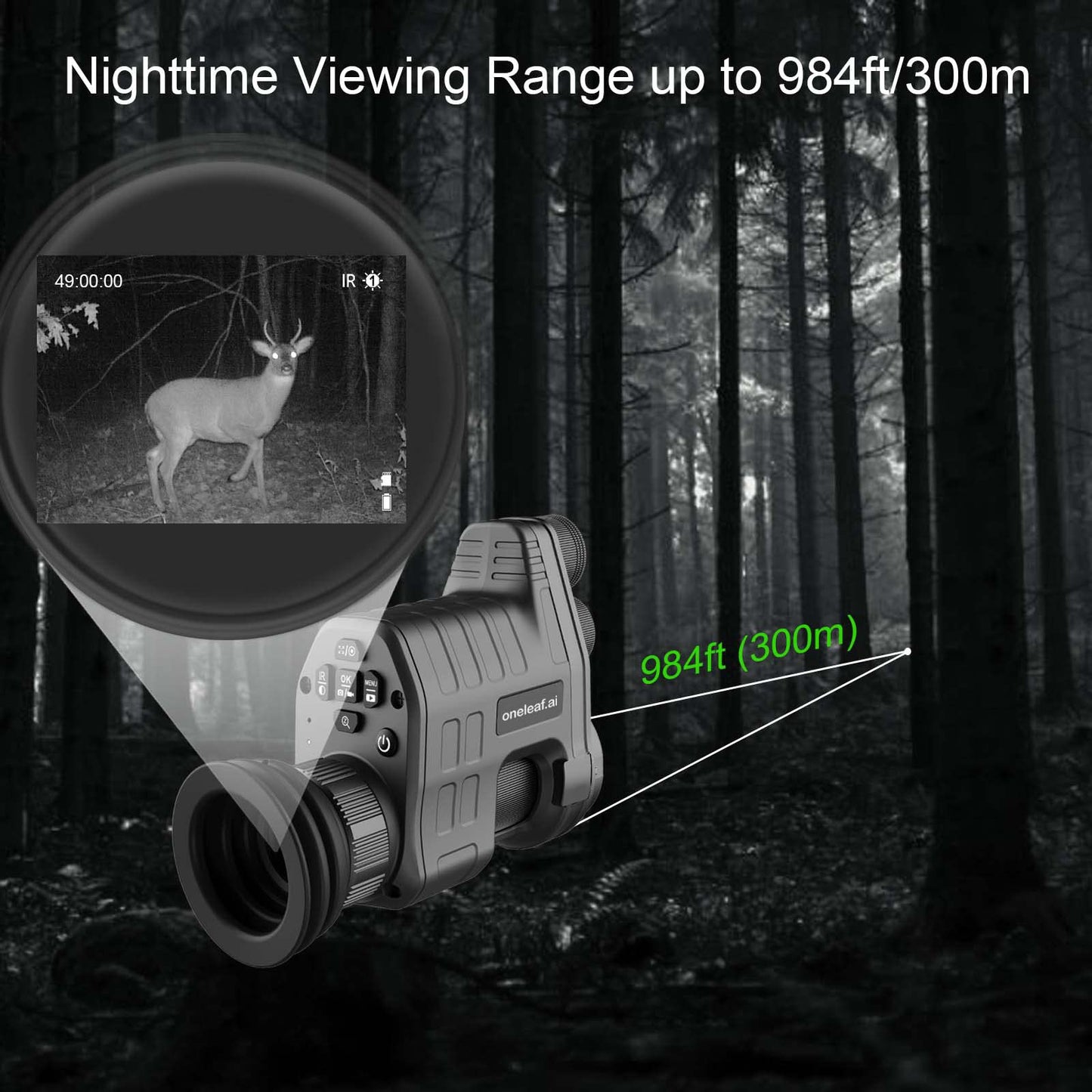 oneleaf.ai Commander NV100 HD Night Vision Goggle - Clip-on Monocular for Hunting, Black, Aluminum