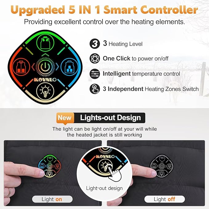KOVNLO Heated Vest for Men With Battery Pack Included, Smart Controller with Lights-out Design, Electric Heated Jackets