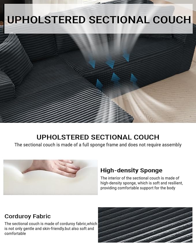Vanress Cloud Couch Sectional, Corduroy Boneless Couch with L-Shape Chaise, Modern Modular Sectional Sofa Comfy Deep Seat for Living Room, Bedroom, No Assembly (Dark Grey, Right Facing Chaise)