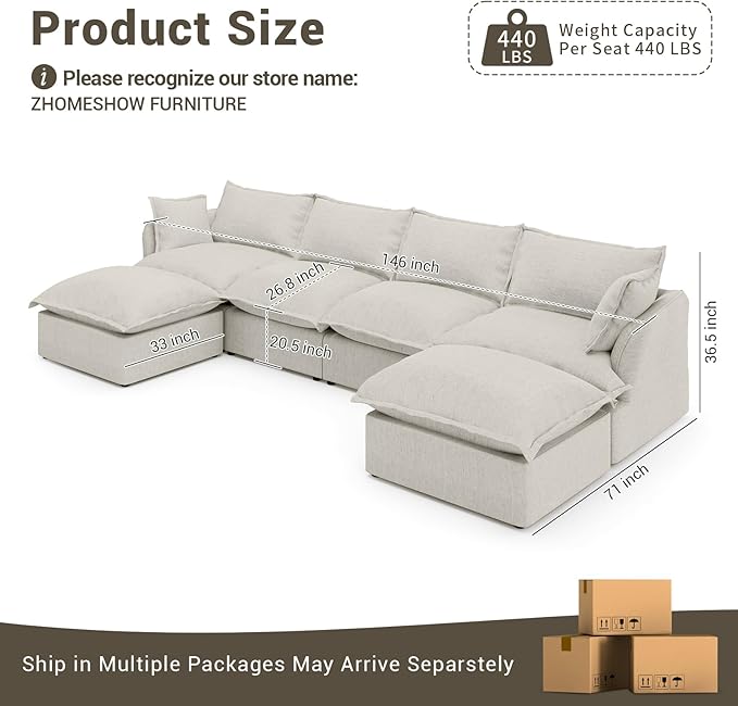 Lopzeho 146” Oversized Modular Sectional Sofa, Comfy Down Fill Cloud Couch with Detachable Cover, U Shaped Sectional Couches for Living Room, 4 Seater Modular Couch with 2 Ottomans, Light Gray