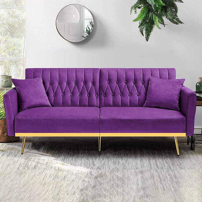 ACMEASE 70” Velvet Futon Sofa Bed with 2 Pillows and Adjustable Armrests, Convertible Sleeper Bed W/Adjustable Backrests, Modern Loveseat for Living Room, Bedroom, Purpel
