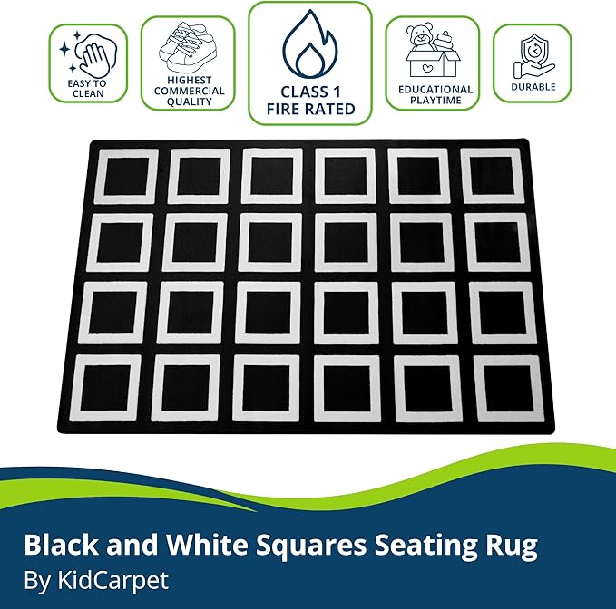 KIDCARPET.COM Black and White Squares Classroom Seating Rug 7'6" x 12' Rectangle, Educational Classroom Rug, Kids Learning Play Mat | Area Rug for Bedroom or Playroom