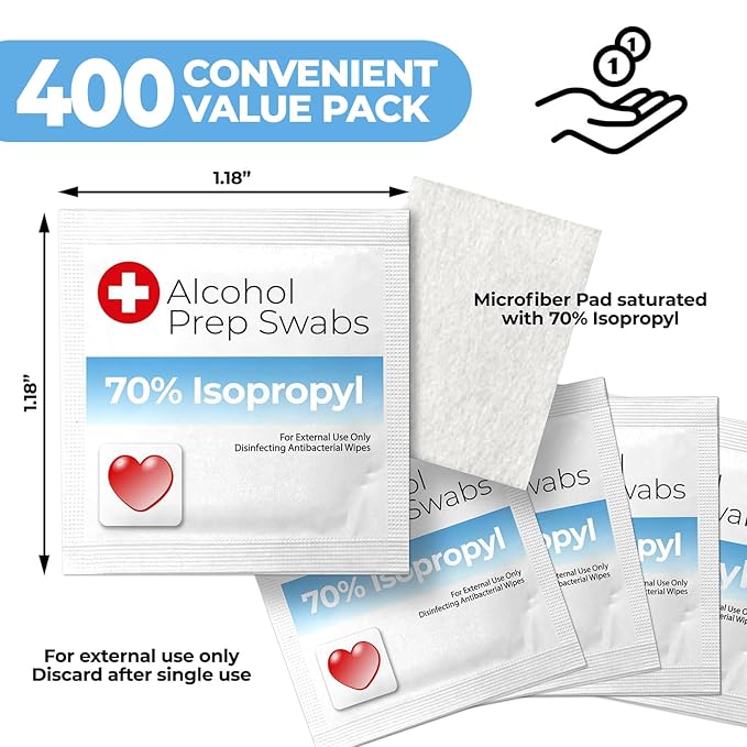 Alcohol Wipes Individually Wrapped - 400 Count Prep Pads with 70% Isopropyl Alcohol - Swabs for Injections, Home, Medical & First Aid Kits