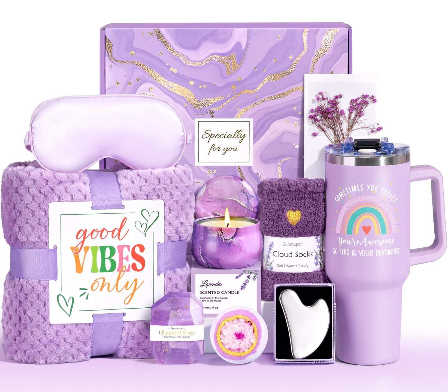 Birthday Gifts for Women, Unique Self Care Gifts Get Well Soon Basket, Christmas Relaxing Spa Gift Care Package w/ Flannel Blanket 40 oz Tumbler, Mothers Day Gifts for Mom Her Sister Friend