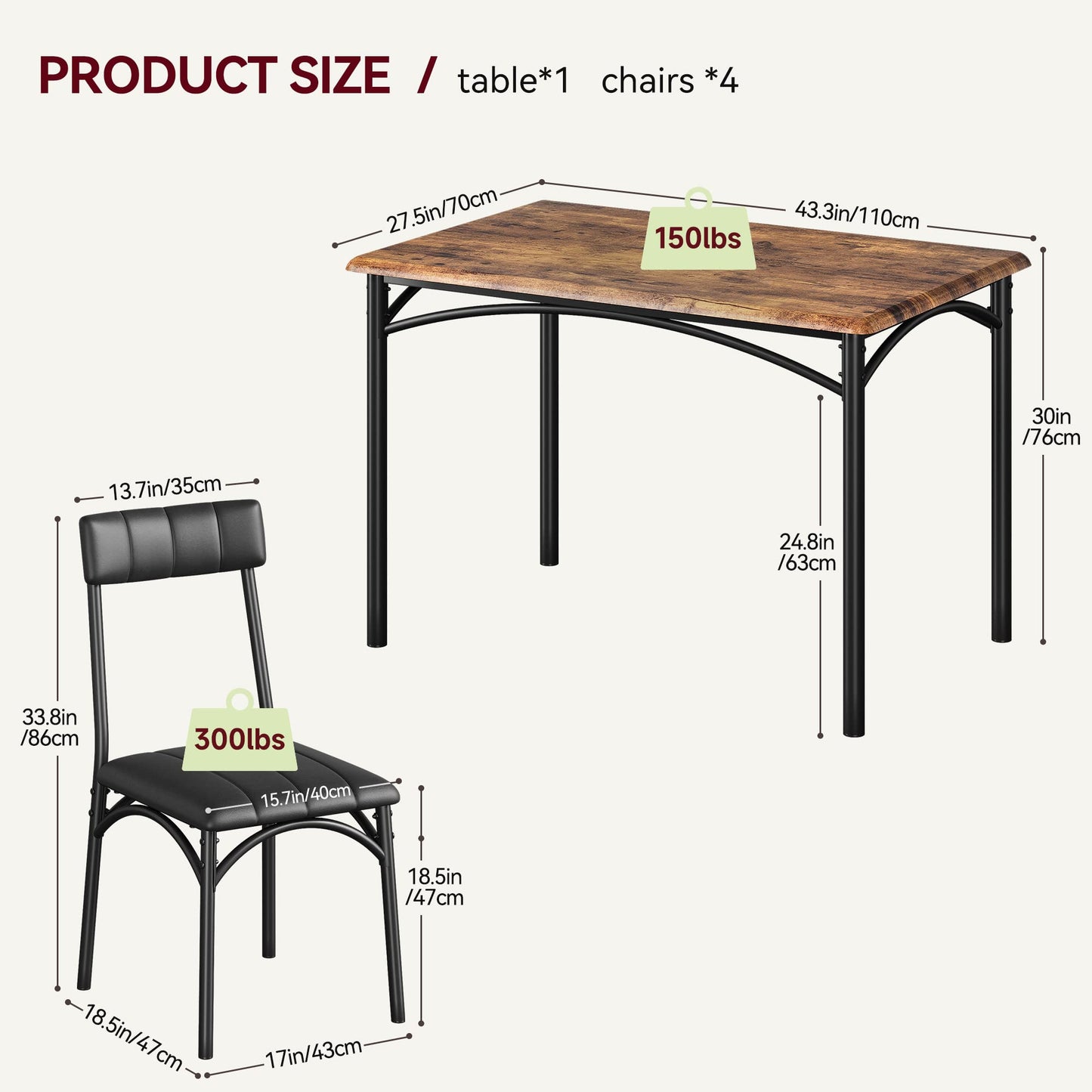 GAOMON Kitchen Table and Upholstered Chairs for 4, Dining Table Set for 4, 5 Piece Dining Room Table Set, Rectangular Kitchen Table Set for Small Space, Apartment, Home, Retro Brown