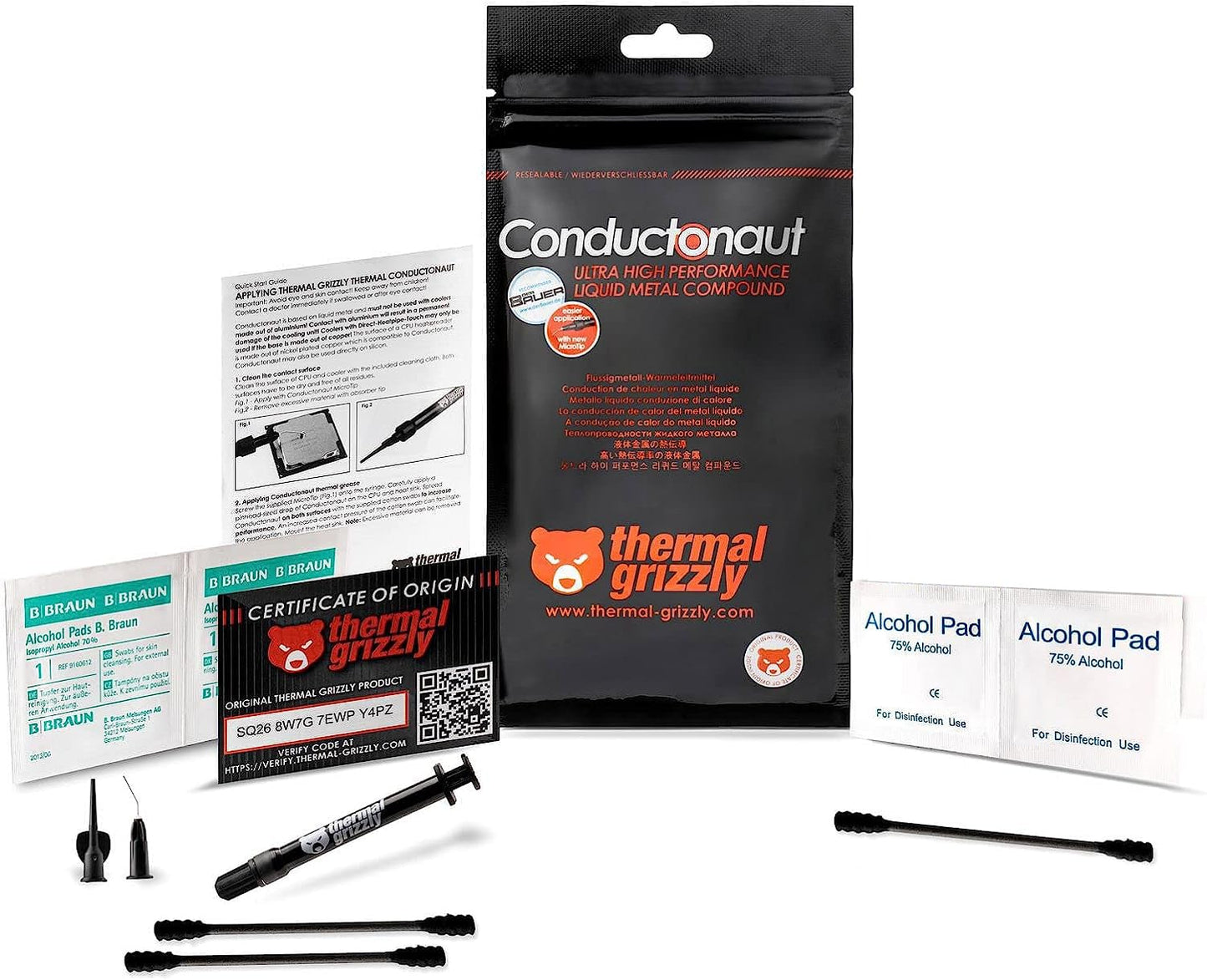 Thermal Grizzly Conductonaut Thermal Grease - 1Gram Set + Extra Applicators - Liquid Metal Thermal Paste for Cooling The CPU  GPU (Conductonaut) (1g Combo)-New