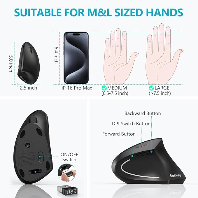 Lekvey Ergonomic Mouse, USB C Wireless Vertical Mouse, Dual Mode Rechargeable USB-A & Type-C Ergo Mouse, 1600 DPI, Relieves Wrist Pain and Carpal Tunnel, for Laptop Computer Mac MacBook PC, Black