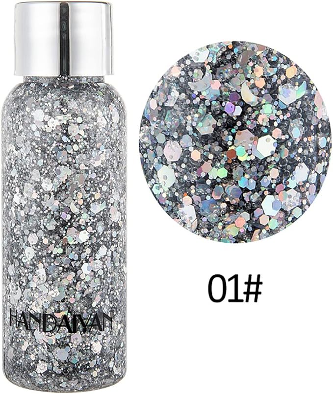 Mermaid Sequins Body Glitter Gel, Make Up Long Lasting Glitter for Body Face Hair Eyeshadow, Music Festival Party Carnival Long Lasting Face Glitter, No Glue Needed and Easy to Remove. (Silver)