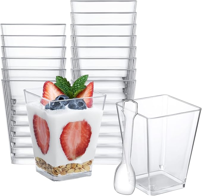 SHOPDAY 5 oz Plastic Dessert Cups 50 Pack Small Clear Square Parfait Cups with Spoons, Mini Plastic Tumbler Serving Cups f...