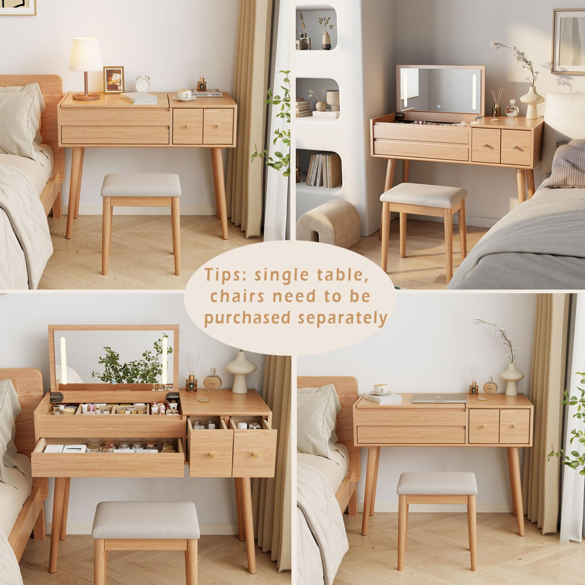 Solid Wood Vanity Desk With Flip Top Mirror And Lights, Mild Century Dressing Table Wooden 4 Drawers Storage, 40 Inch Large Make Up Vanity With 3 Lighting Modes Original, Wood Color (With Adapter)