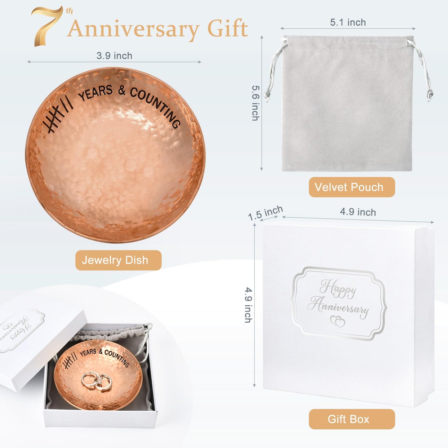 CEELGON 7th Wedding Anniversary Copper Gifts 4" Engraved Jewelry Tray Copper Decorative Dish for Couples Wedding Gift for Him or Her