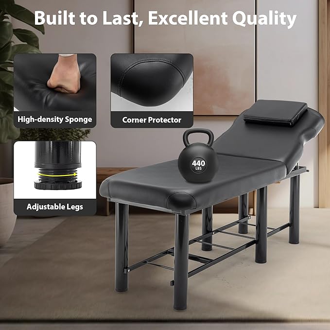 Professional Massage Table with Backrest, Faux Leather Stationary Physical Therapy Table, Metal Frame Barber Beauty Equipment, Removable Headrest Treatment Table Salon Spa Bed, Black
