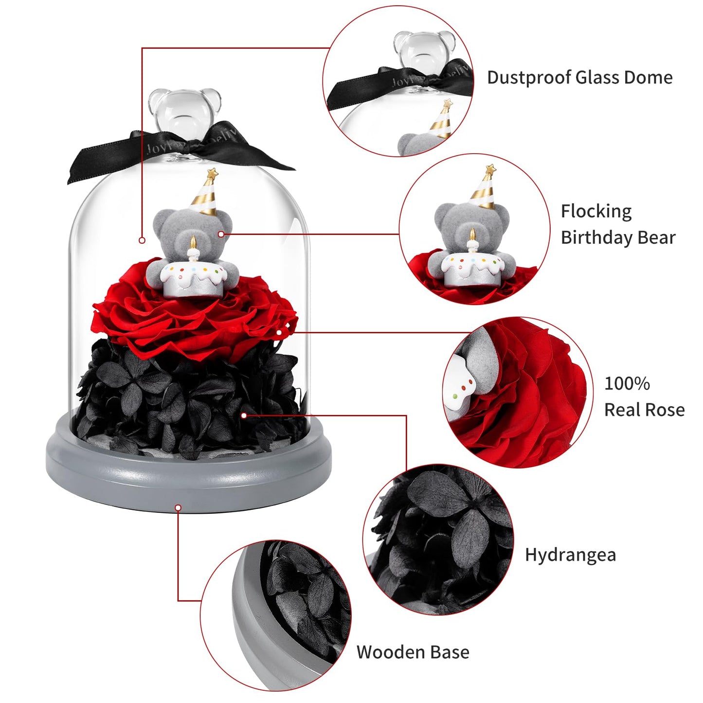 JoyFlower Preserved Flower Birthday Gift for Women, Red Preserved Rose Bear Birthday Gifts for Girlfriend, Eternal Flower Teddy Bear Gifts for Wife Mom Her Grandma Men Daughter Son Sister on Birthday