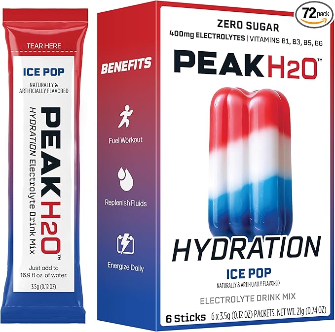 Juicy Mixes PeakH20 Electrolytes Powder Hydration Packets | Ice Pop | 72 Servings | Sugar Free Water Flavor Packets for Wo...