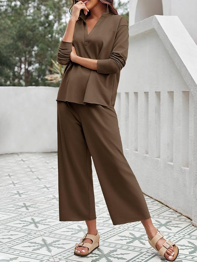 Imily Bela Womens 2 Piece Outfits Sweatsuit Long Sleeve Lapel V Neck Shirt and Wide Leg Pants 2025 Fall Trendy Tracksuit