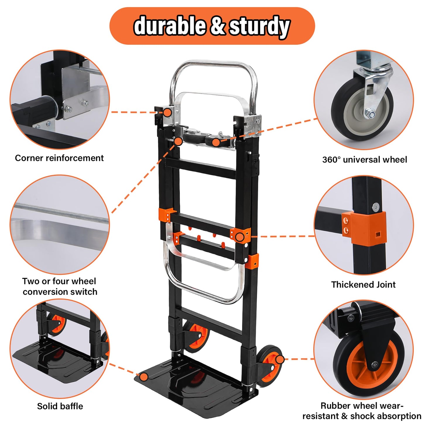 Upgraded 3 in 1 Folding Hand Truck, 500lbs Capacity Heavy Duty Convertible Dolly cart with Rubber Wheels, Collapsible Hand Truck Foldable with Telescopic Handle, Trolley for Moving, Office, Warehouse