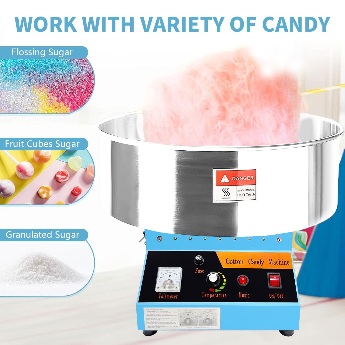 Cotton Candy Machine Commercial, 20" Electric Cotton Candy Maker, 1080W Candy Floss Maker with Sugar Scoop and Lights Music, Perfect for Family Party Amusement Park Carnival