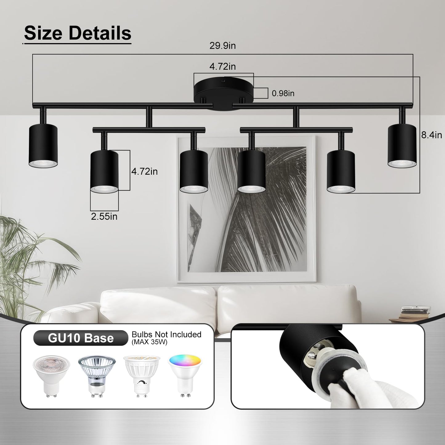 AUQUEE 6 Light Track Lighting Fixtures Ceiling, Matte Black Kichen Track Lighting Fixtures with Rotatable Light Heads, Upgrade Light Poles, Modern LED Sopt Lights for Kitchen/Hallway, No GU10 Bulb