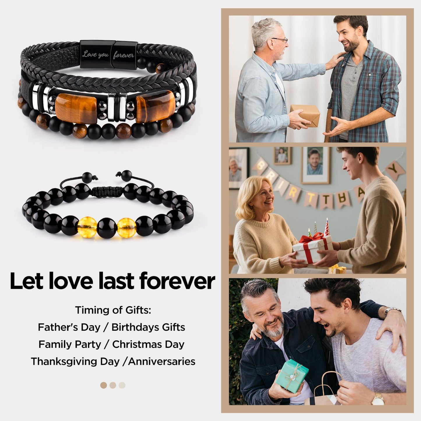 Leather Bracelets for Men Natural Tiger Eye Black Obsidian Healing Crystal Beaded Bracelets Set Birthday Christmas Commemorative gifts for Dad Son Grandson Man Boyfriend Brother (Black-To My Son)