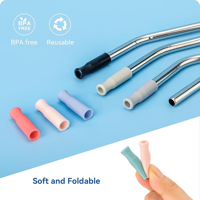 Metal Straws with Silicone Tip for 40 oz Tumbler - Reusable Stainless Steel for Stanley, 3 Bendy 13.3" and 3 Light Green Silicone Tips - Smoothie Straws