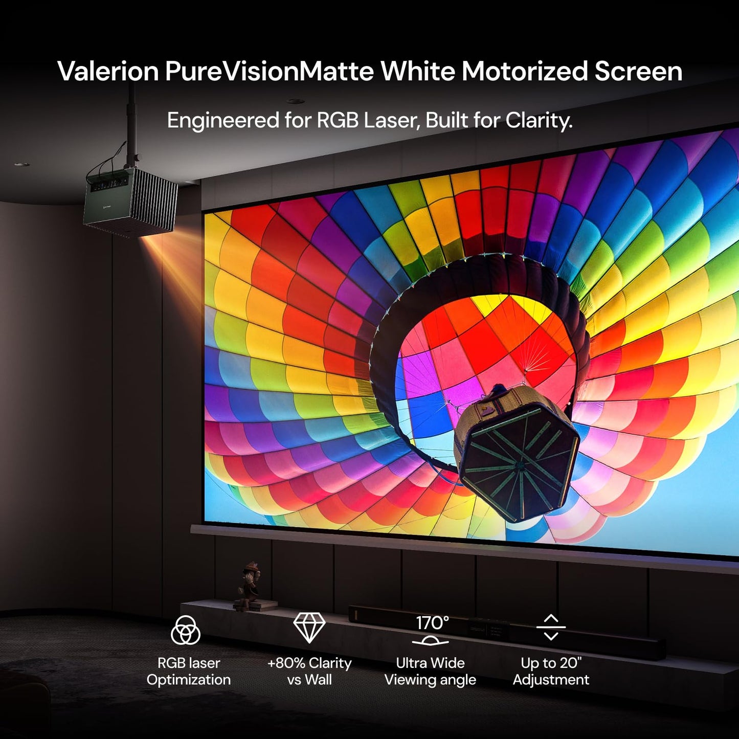 Valerion 100" PureVision Motorized Projector Screen, Laser Speckle Reduction, Auto-Sync with Projector, 4K/8K UHD Ready, 20" Adjustable Drop, Black Backing for Enhanced Contrast, Long Throw Only