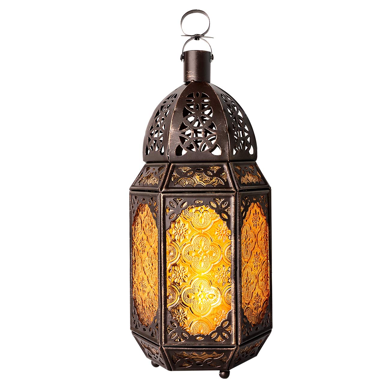 Lewondr Metal Glass Ramadan Candle Lantern, Moroccan Style Portable Candle Holder Pavilion Shape Bowl Bottom Decorative Hanging Lamp Wind Lantern Décor for Home Patio Balcony Garden - Copper + Yellow