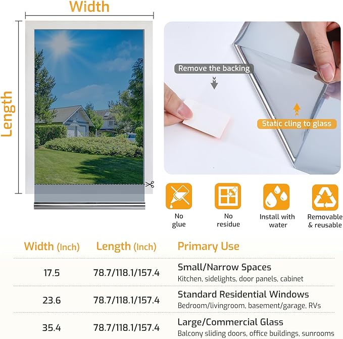 LUTE One Way Window Privacy Film, Window Tint for Home, Sun Blocking UV Heat Blocker, See Out Not in Reflective Mirror Film, Removable Static Cling Glass Door Coverings, Silver, 23.6" x 157.4"