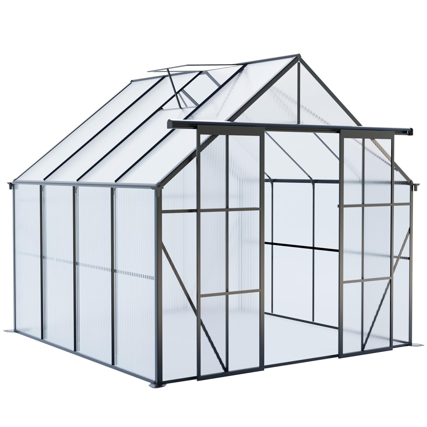 8x8 FT Black Outdoor Walk-in Polycarbonate Greenhouse Dual Sliding Doors Adjustable Roof Vent Aluminum Frame Galvanized Base Heavy Duty Backyard Gardening Plant House UV Resistant Greenhouse Kit
