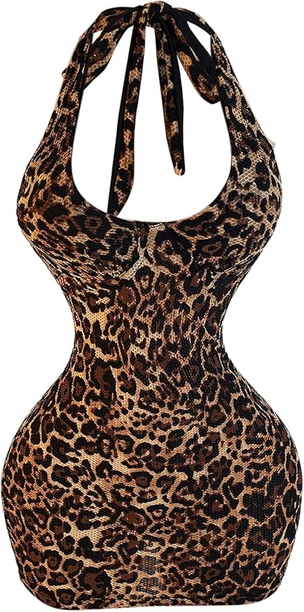 SweatyRocks Women's Leopard Print Halter Dress Backless Bodycon Mini Club Party Cheetah Dresses
