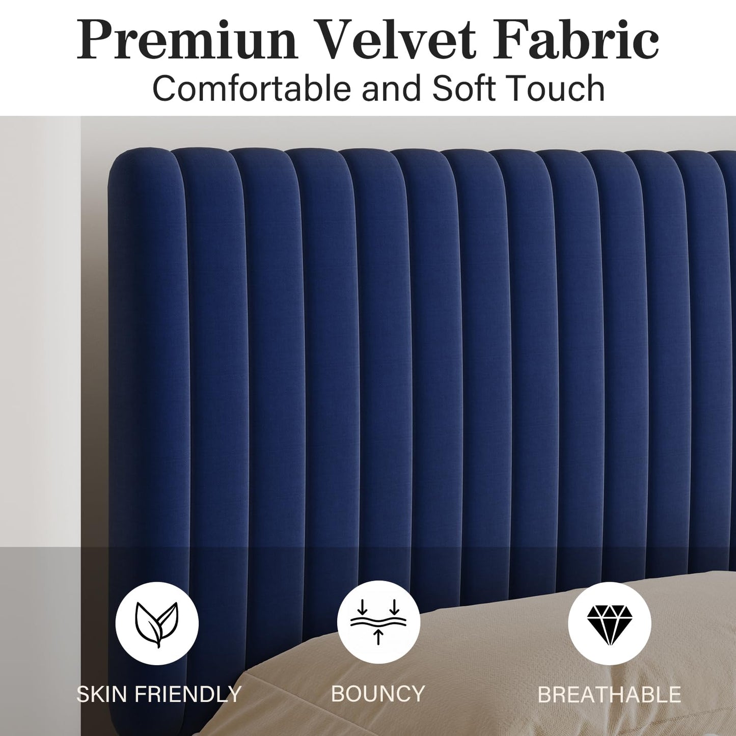 Twin Bed Frame, Velvet Upholstered Platform Bed with Vertical Channel Tufted Headboard and Footboard, No Box Spring Required, Easy Assembly, Blue