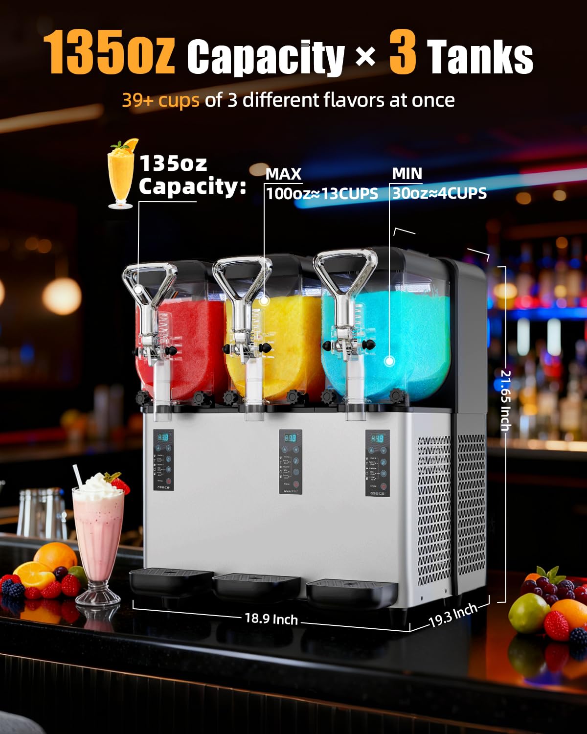 5-in-1 Commercial Slushy Machine, 135oz x 3 Tank Slushie Machine with LED Lights for Party Bars, No Ice Needed, Superior Smooth Output Margarita Machine for Slush, Cocktails, Frappe, Milkshake, Juice