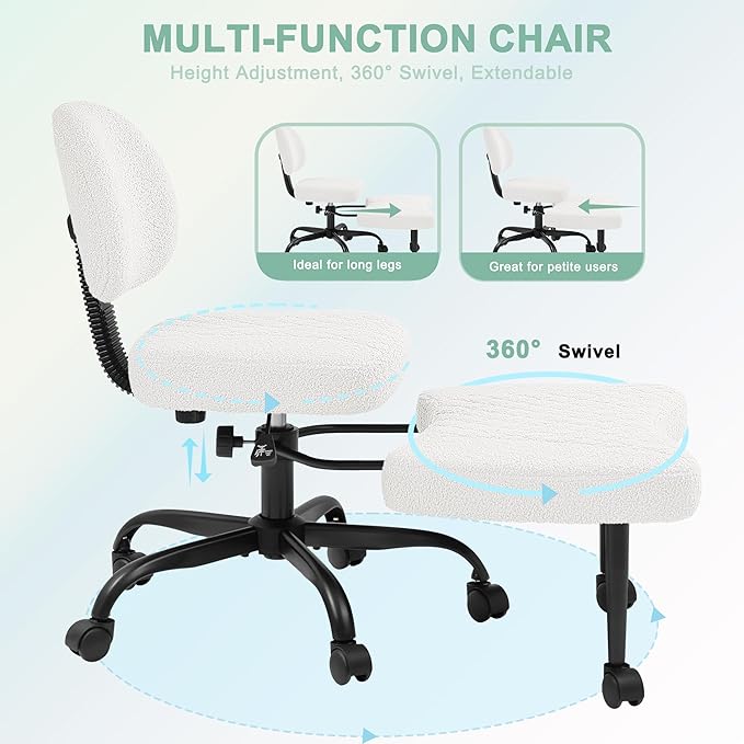GUNJI Ergonomic Criss Cross Legged Office Chair, 360° Swivel Meditation Kneeling Chair with Wheels, ADHD Chair with Footrest, Lumbar Support, Wider Height Adjustable Seat (Teddy Fleece, White)