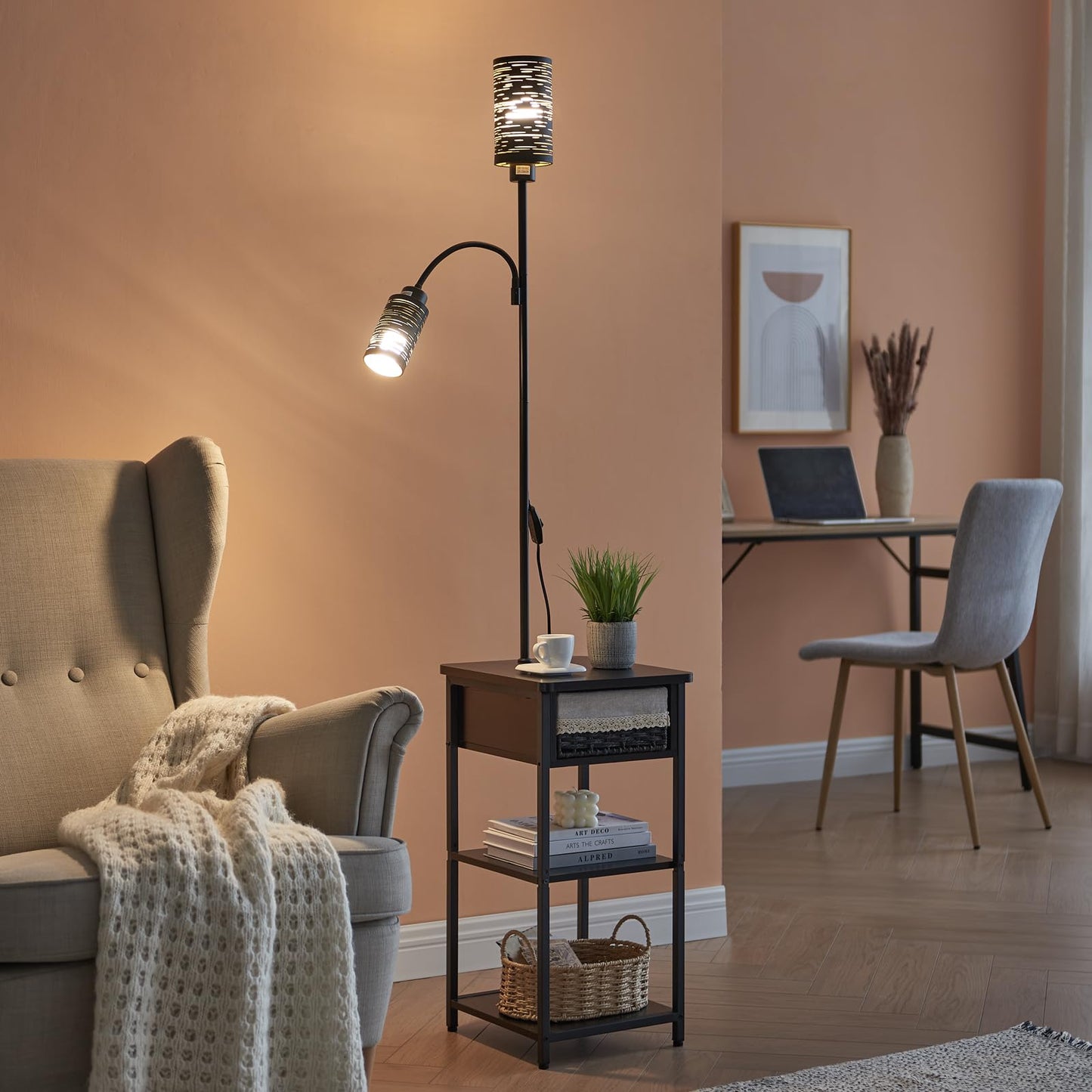 BAMGROW Floor Lamp with End Table, Side Table with Lamp Attached, Bedside Nightstand Light for Small Spaces with Wicker Drawer and Storage Shelf for Living Room, Bedroom, Guest Room, 2 Bulbs Included