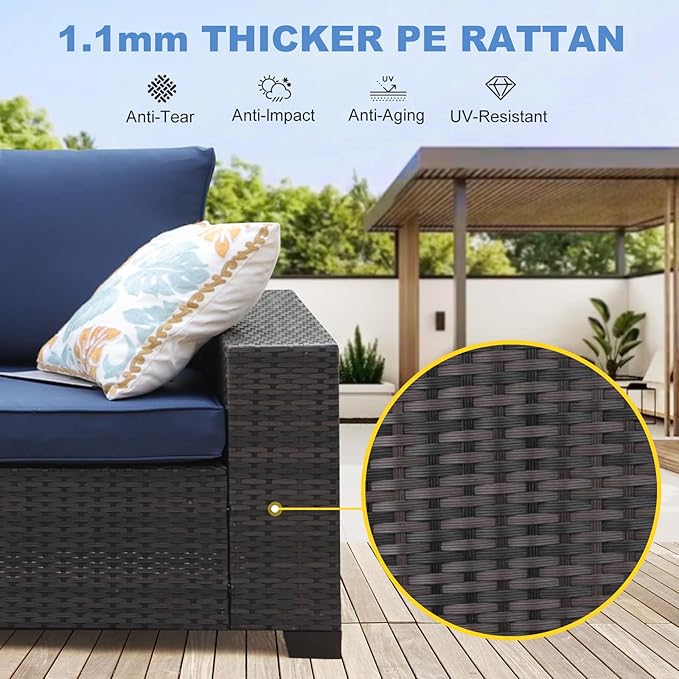 SunloungeCo 9 Pieces Outdoor Patio Furniture Set, Wicker Conversation Sets with Tea Table, Rattan Patio Sofa with Thick Cushions for Garden, Backyard Porch, Poolside,Navy