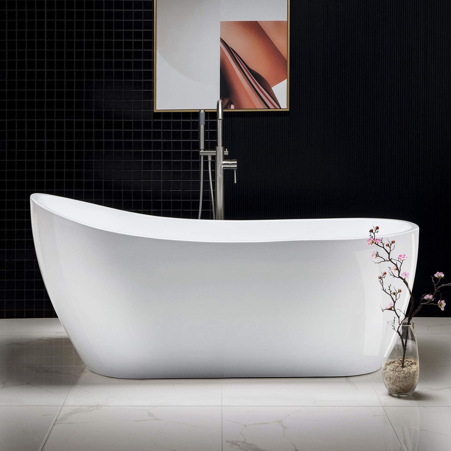 WOODBRIDGE 67" Acrylic Freestanding Bathtub Contemporary Soaking Tub with Chrome Overflow and Drain, B0001-C, White