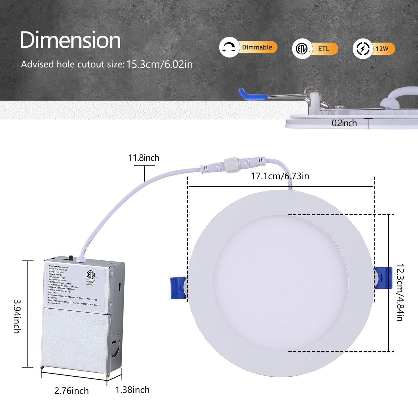 CycevSun 24 Pack 6 Inch LED Recessed Lighting with Night Light - Canless Ultra Thin Wafer Downlight Soffit Pot, Dimmable & 5 Color Temperature Selectable, 12W, ETL & Energy Star