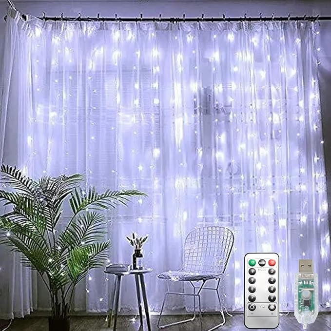 PUHONG Curtain String Lights, 300 LED Fairy Lights with 8 Light Modes, 9.8x9.8Ft Remote Controlled Plug-in Fairy String Li...