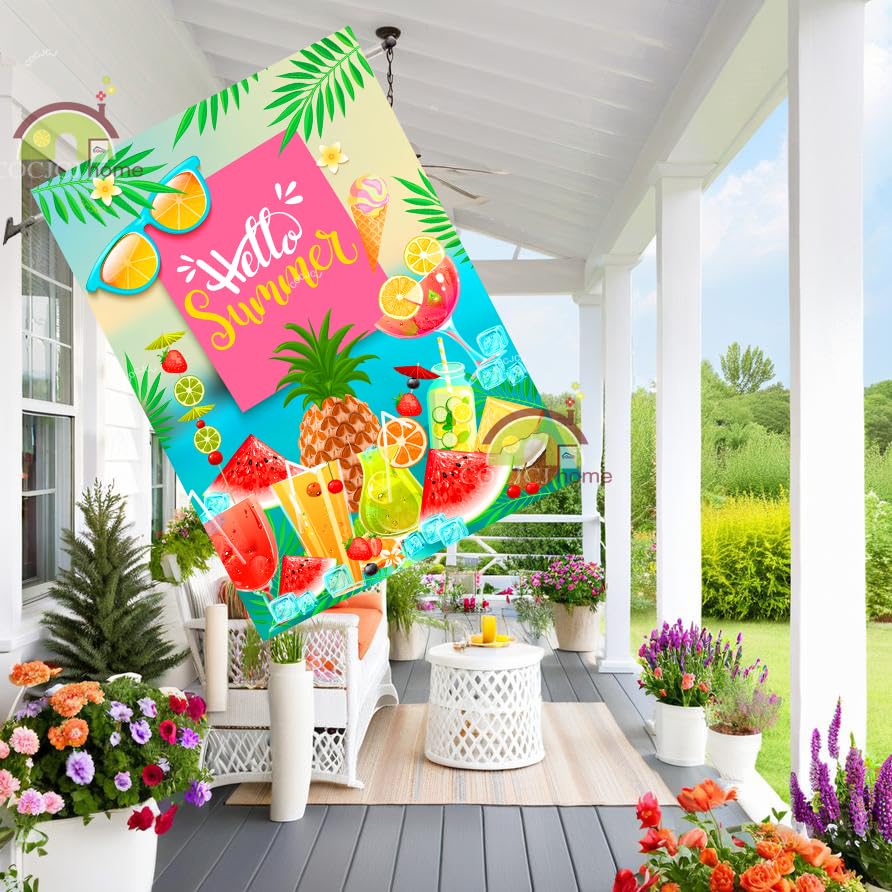Hello summer flags 28 x 40 double sided watermelon，Welcome House Flag Double Sided Bee Yard House Seasonal Farmhouse Outdoor Decoration 28 x 40 Inch