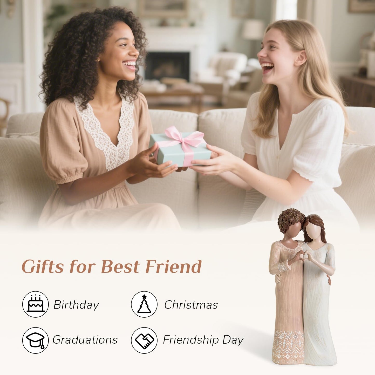 Storieme Best Friend Figurine Statues – Interracial Friendship Gifts for Women - Unique Female Sister Birthday Ideas Collectibles Ornament