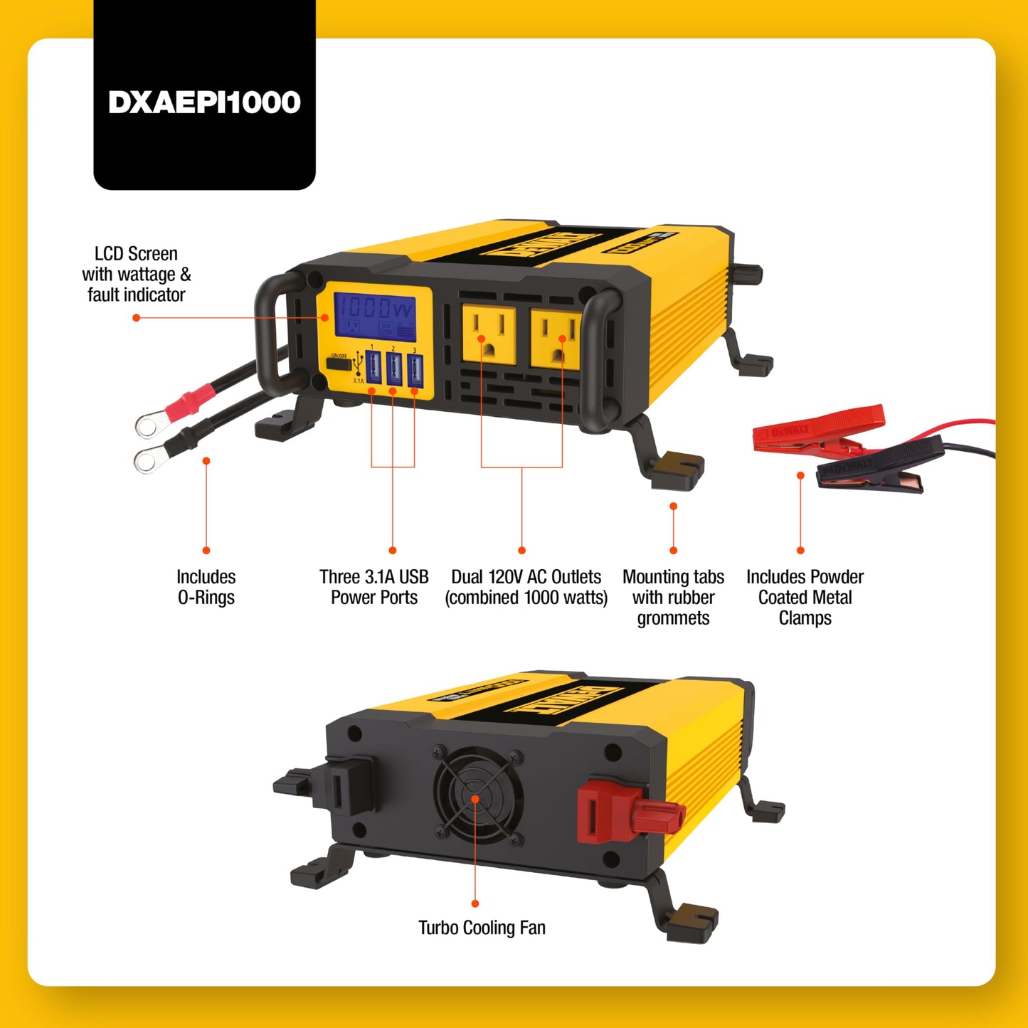 Dewalt Dxaepi1000 Power Inverter 1000W Car Converter With Lcd Display: Dual 120V Ac Outlets, 3.1A Usb Ports, 12V Dc Adapter, Bat