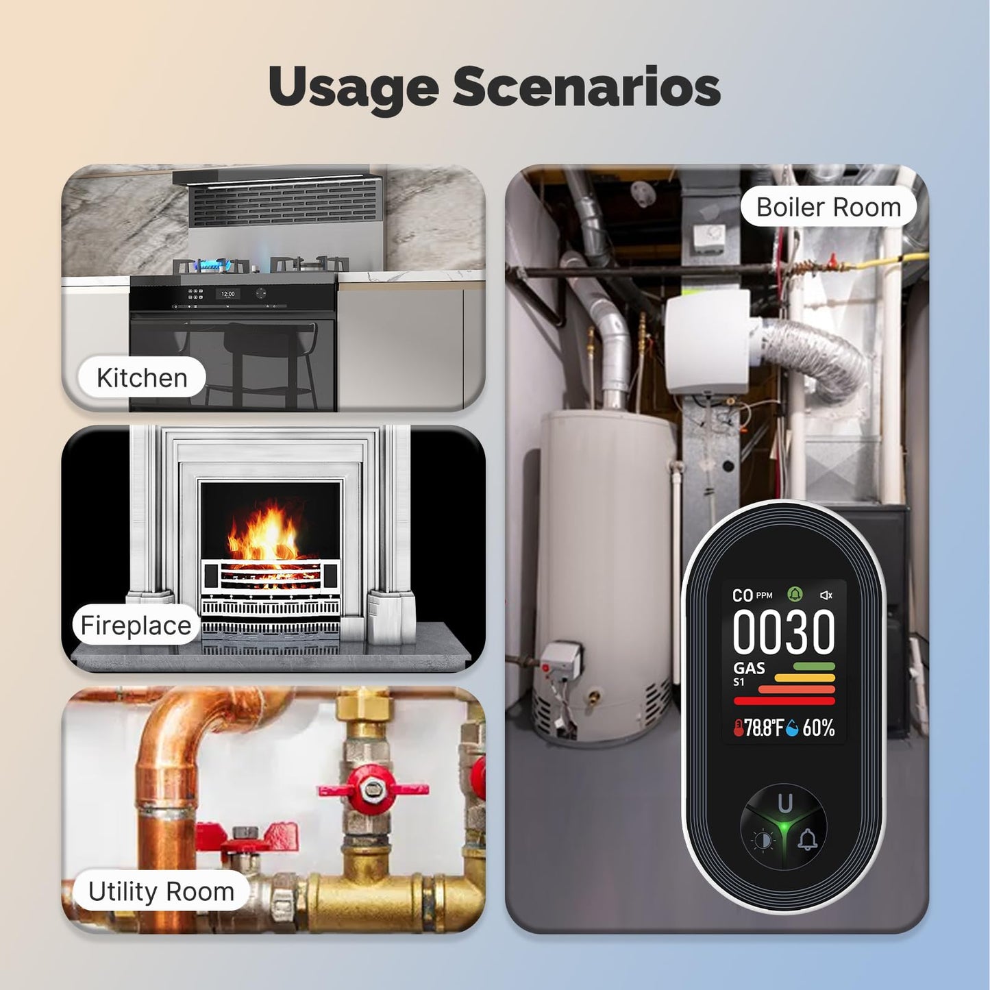 MOES 4-in-1 Carbon Monoxide & Gas Detectors Plug in, with Real-Time Temperature & Humidity Display, Alarm for Natural Gas